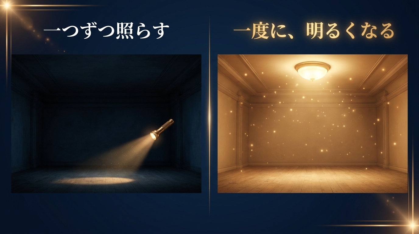 左は暗い部屋を懐中電灯で一つずつ照らしている様子、右は天井の照明で部屋全体が一度に明るくなった様子。
